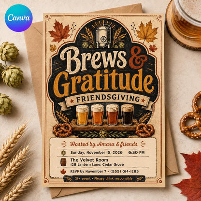 Friendsgiving Beer Tasting Invitation — editable Canva template
