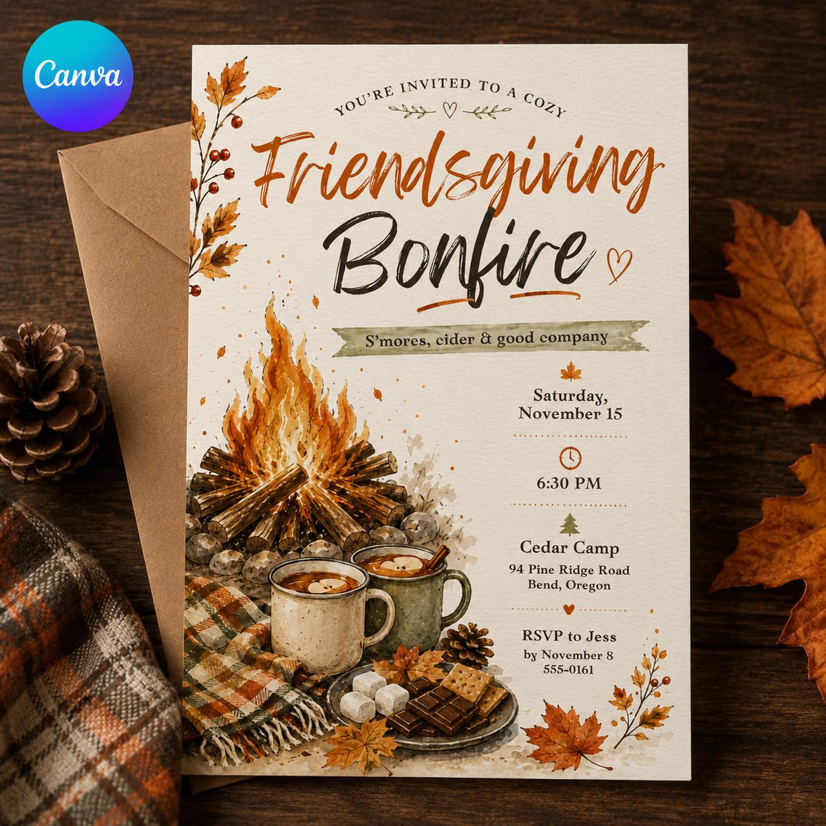 Friendsgiving Bonfire Invitation — editable Canva template