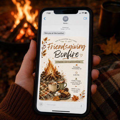Friendsgiving Bonfire Invitation — camping design