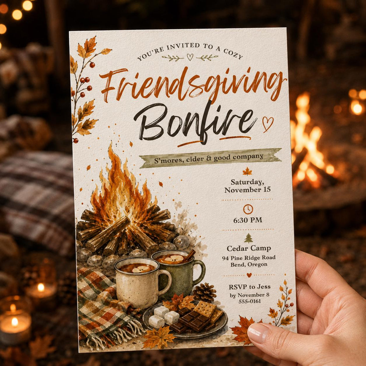 Friendsgiving Bonfire Invitation — invitation you personalize in Canva