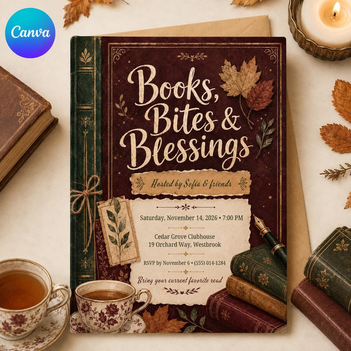 Friendsgiving Book Club Invitation — editable Canva template