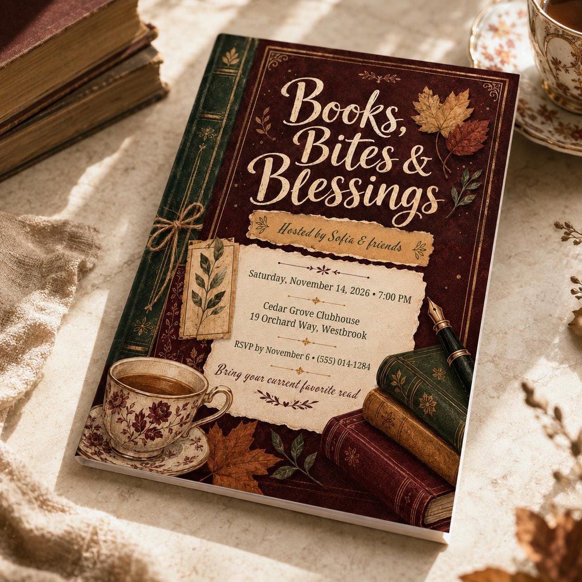 Friendsgiving Book Club Invitation — library design