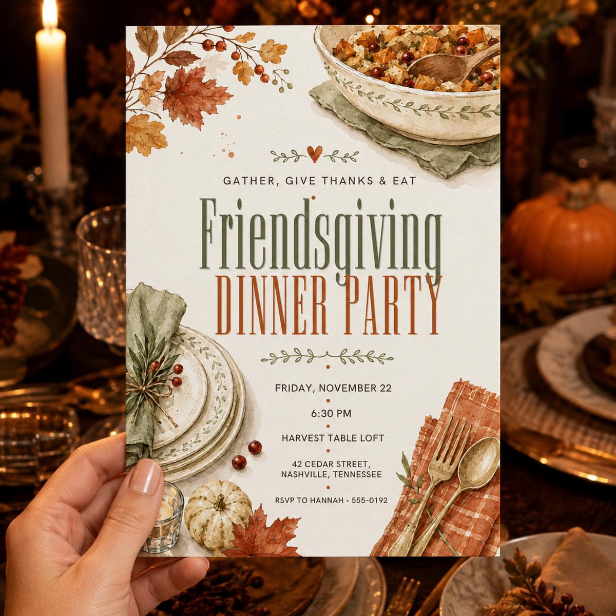 Friendsgiving Dinner Invitation — print-ready Thanksgiving gathering design from VoltBy