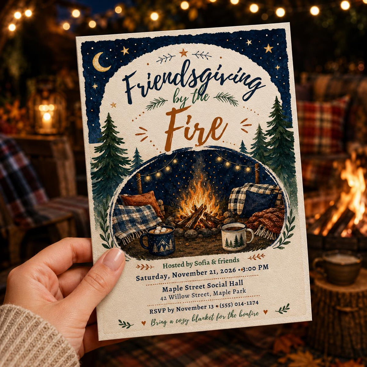 Friendsgiving Invitation: Bonfire Dinner Party by the Fire — print-ready Friendsgiving design from VoltBy