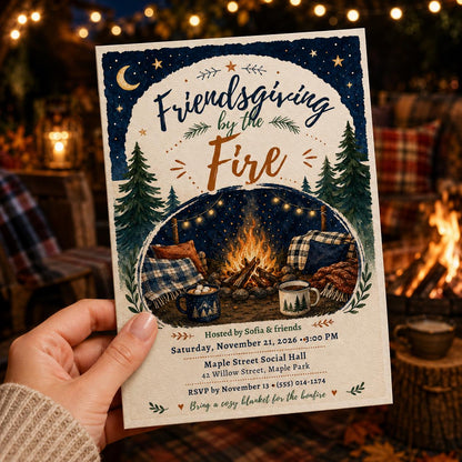 Friendsgiving Invitation: Bonfire Dinner Party by the Fire — print-ready Friendsgiving design from VoltBy