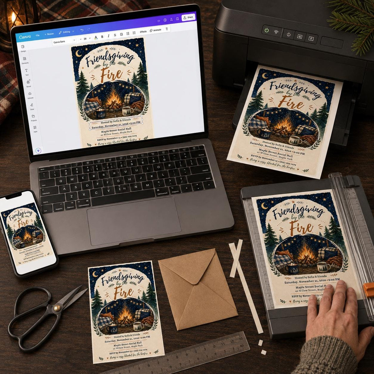 Friendsgiving Invitation: Bonfire Dinner Party by the Fire — digital invitation, instant download