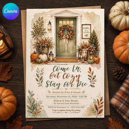 Friendsgiving Invitation: Cozy Pie Night Party — editable Canva template