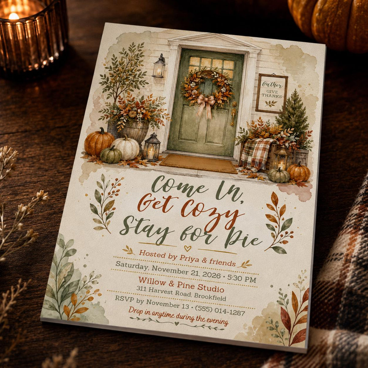 Friendsgiving Invitation: Cozy Pie Night Party — invitation you personalize in Canva