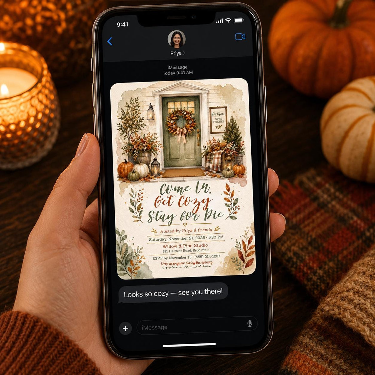 Friendsgiving Invitation: Cozy Pie Night Party — print-ready Friendsgiving design from VoltBy