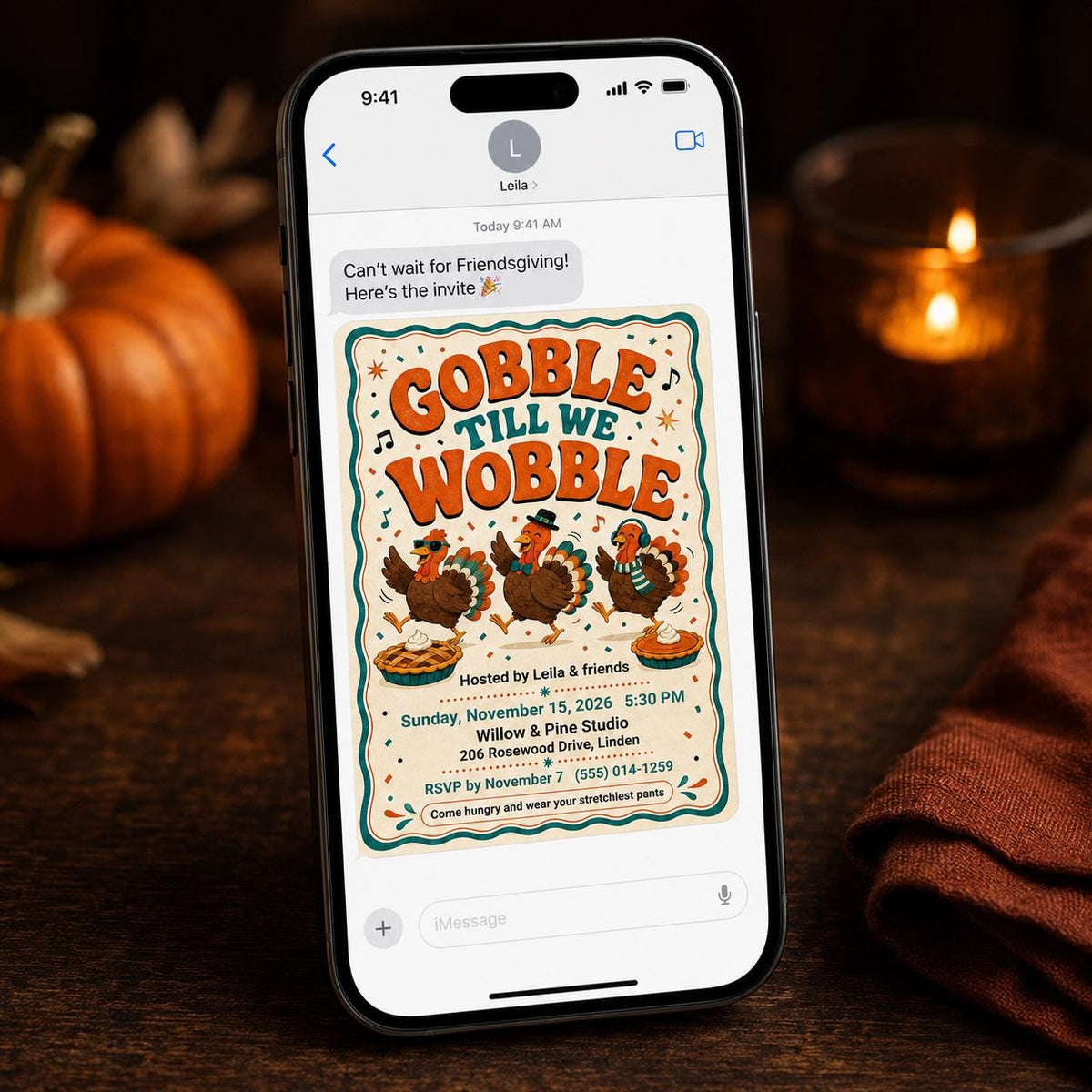 Friendsgiving Invitation: Gobble Till We Wobble Thanksgiving Dinner Party — Thanksgiving gathering stationery by VoltBy