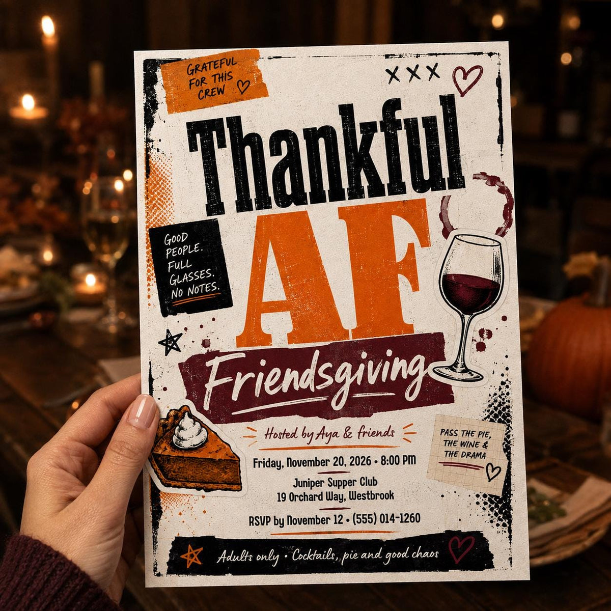 Friendsgiving Invitation: Thankful AF Adult Thanksgiving Dinner Party — invitation you personalize in Canva