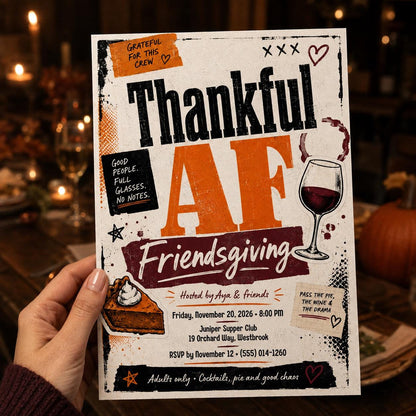 Friendsgiving Invitation: Thankful AF Adult Thanksgiving Dinner Party — invitation you personalize in Canva