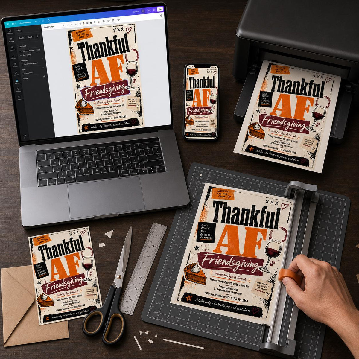 Friendsgiving Invitation: Thankful AF Adult Thanksgiving Dinner Party — print-ready Thanksgiving gathering design from VoltBy