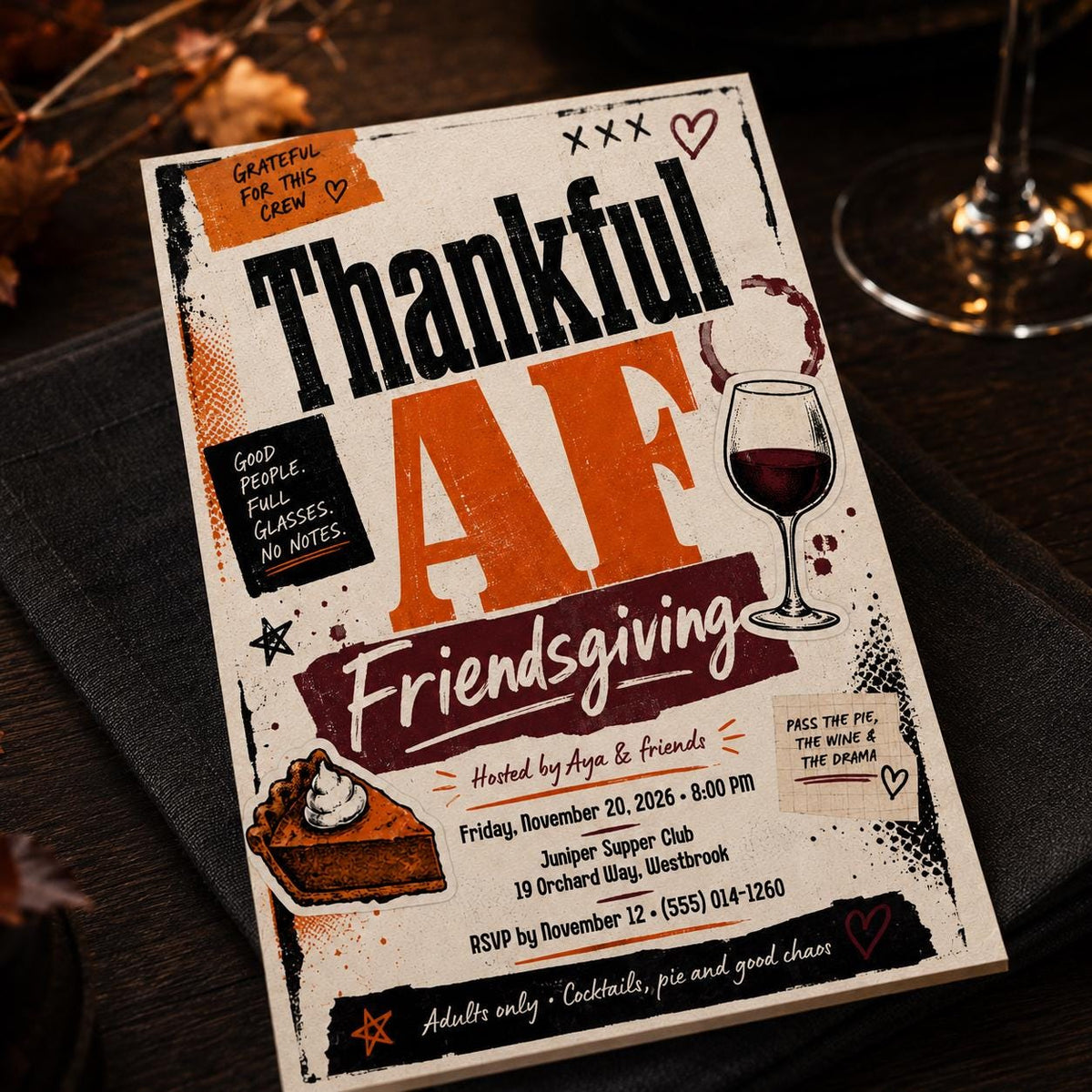 Friendsgiving Invitation: Thankful AF Adult Thanksgiving Dinner Party — digital invitation, instant download