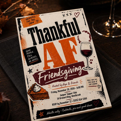 Friendsgiving Invitation: Thankful AF Adult Thanksgiving Dinner Party — digital invitation, instant download