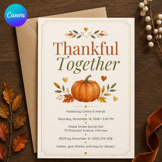Friendsgiving Invitation: Thankful Together Thanksgiving Dinner Party — editable Canva template