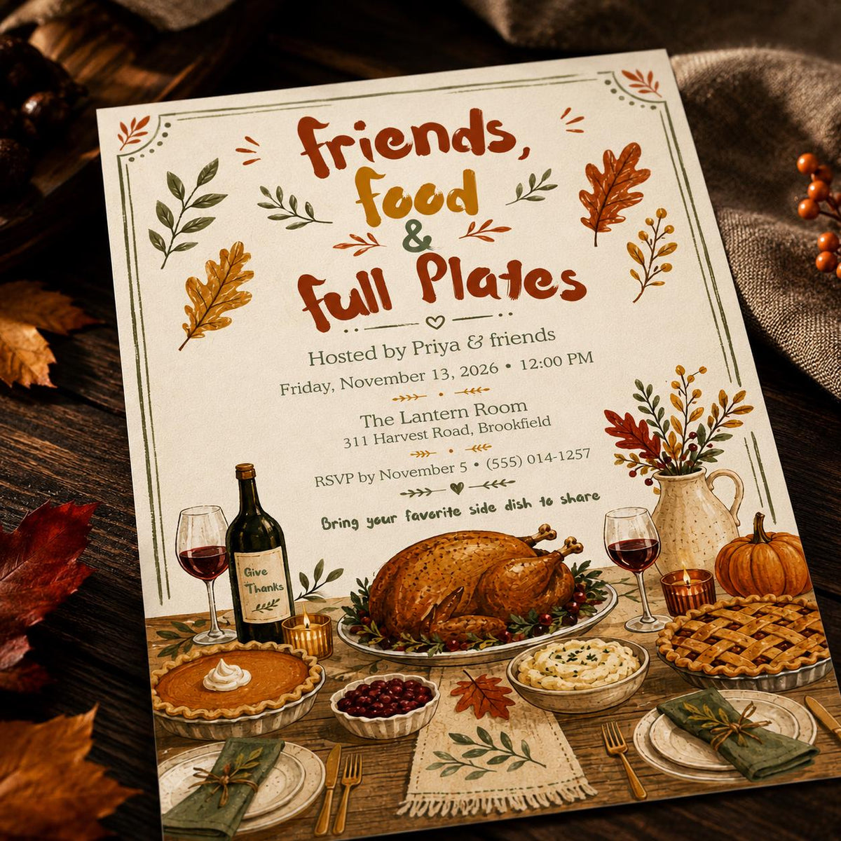 Friendsgiving Invitation: Thanksgiving Potluck Dinner Party — invitation you personalize in Canva