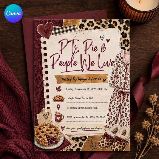 Friendsgiving Pajama Party Invitation for Girls — editable Canva template