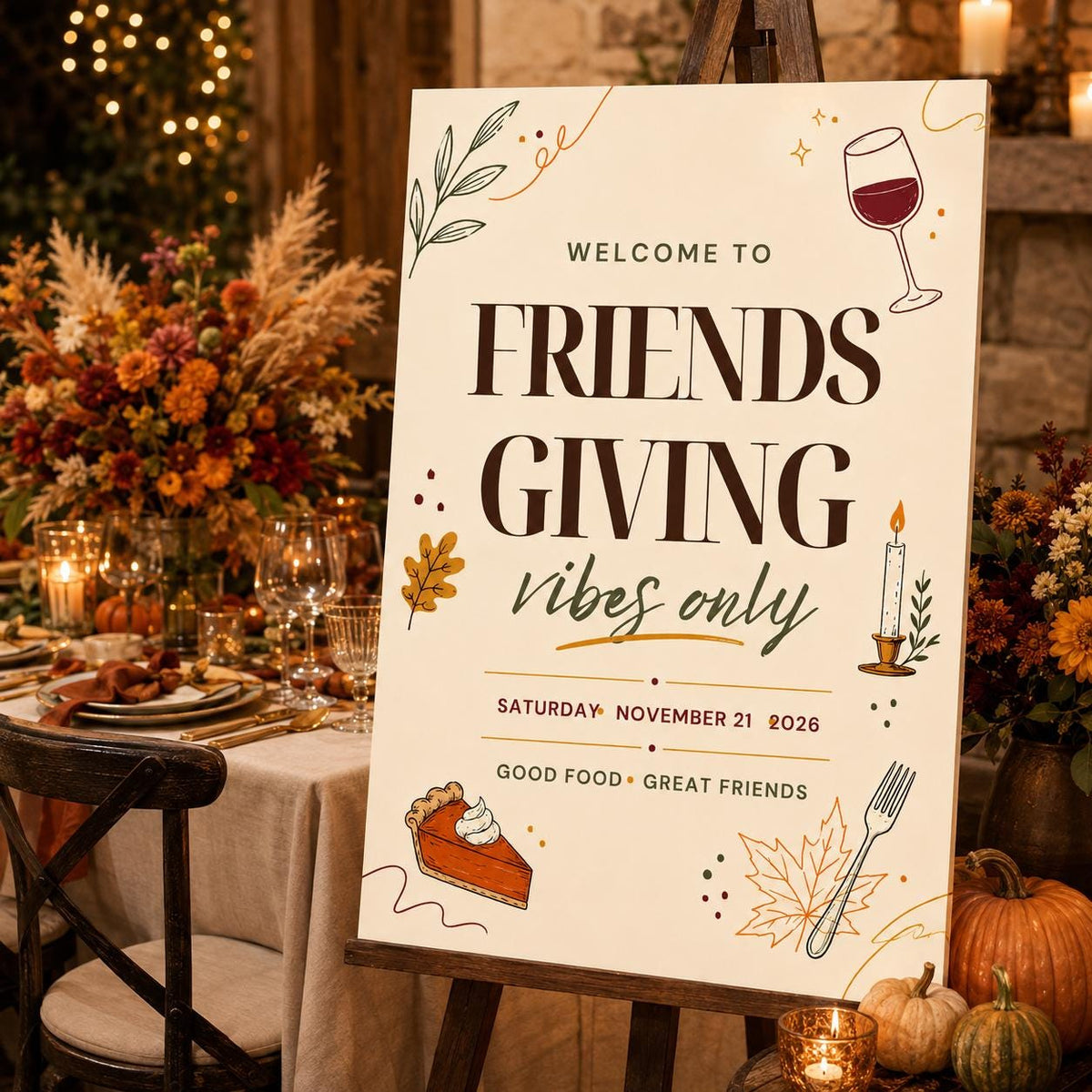 Friendsgiving Welcome Sign — print-ready Thanksgiving gathering design from VoltBy