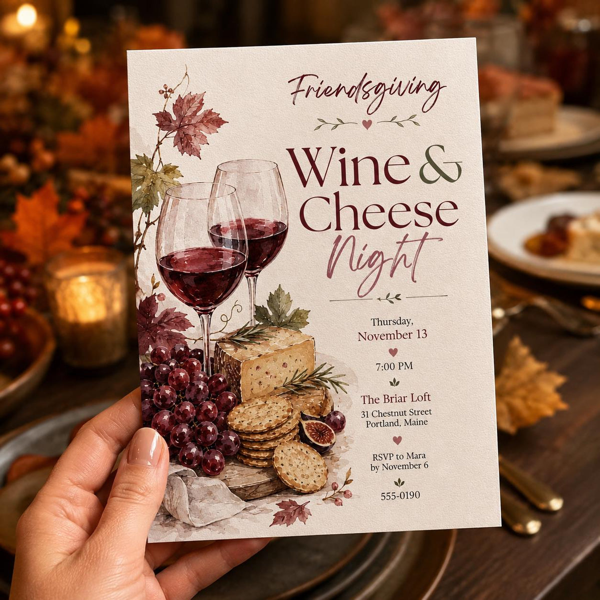Friendsgiving Wine and Cheese Invitation — print-ready Thanksgiving gathering design from VoltBy