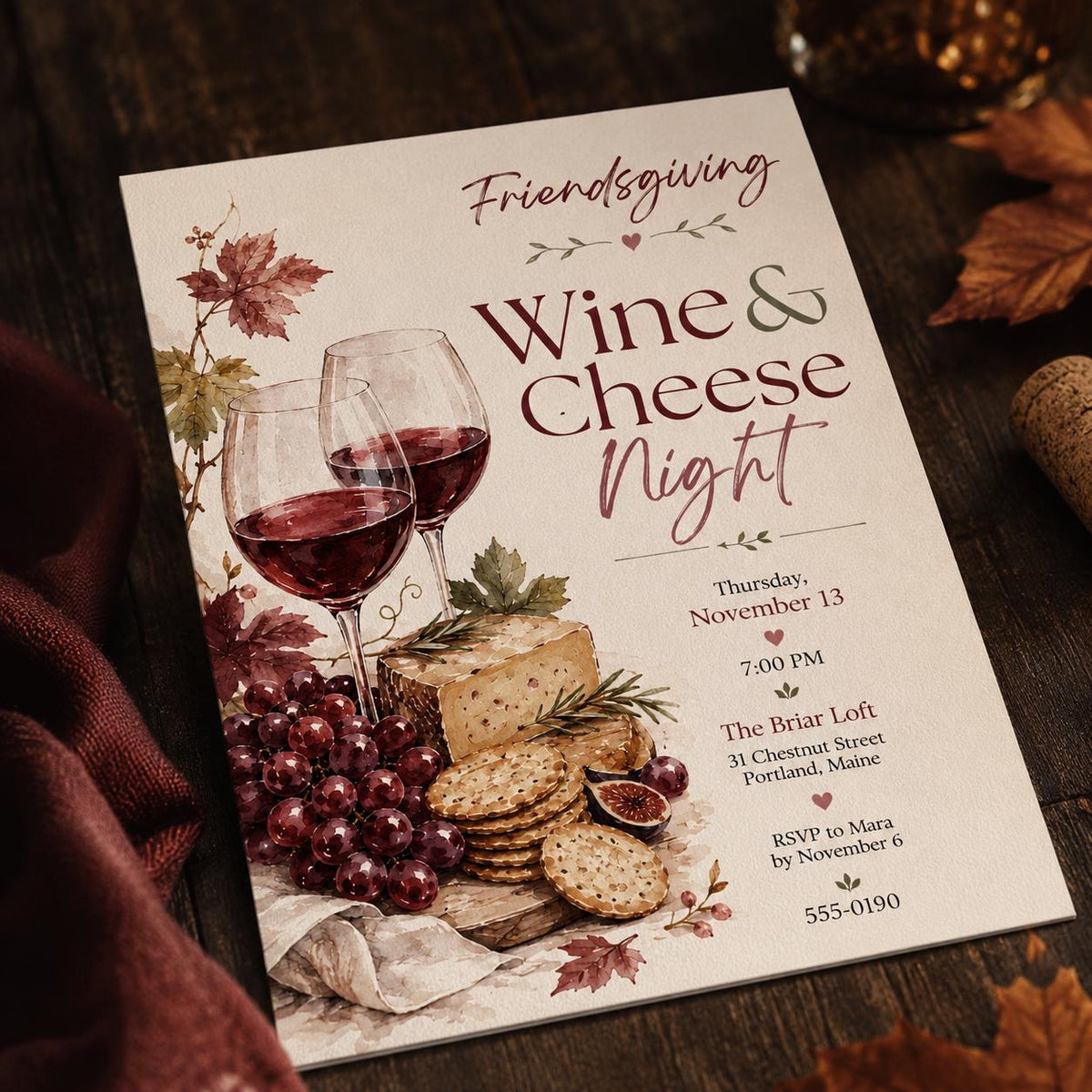 Friendsgiving Wine and Cheese Invitation — Thanksgiving gathering stationery by VoltBy