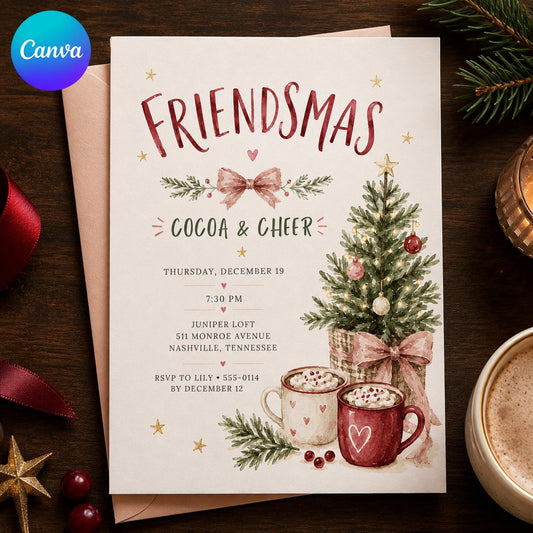 Friendsmas Invitation: Cocoa and Cheer Christmas Party for Girls — editable Canva template