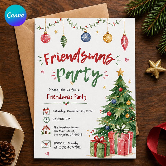 Friendsmas Party Invitation — editable Canva template