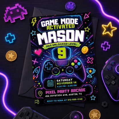 Game Mode Activated 9th Birthday Invitation — invitation you personalize in Canva
