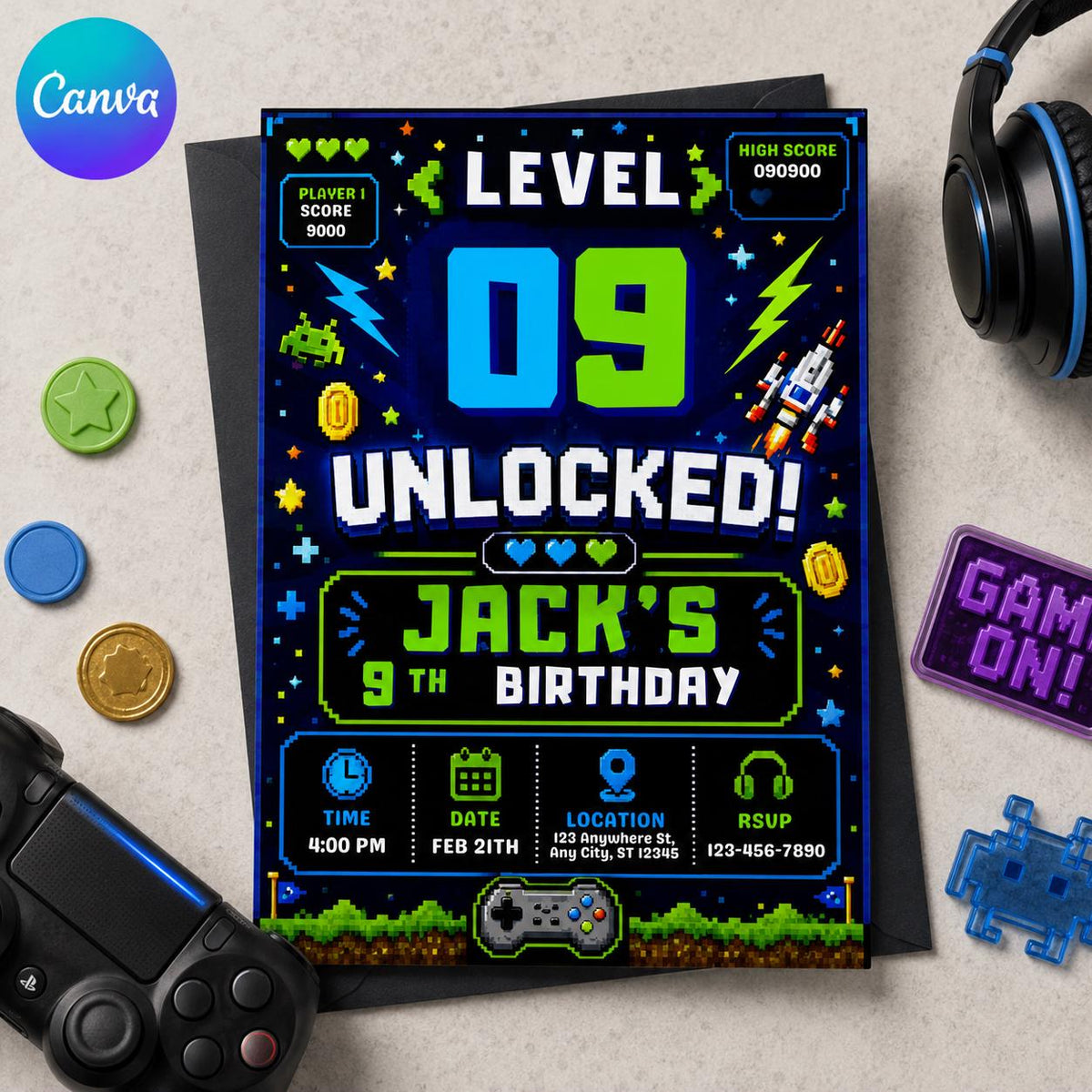 Gamer 9th Birthday Invitation for Boys — editable Canva template