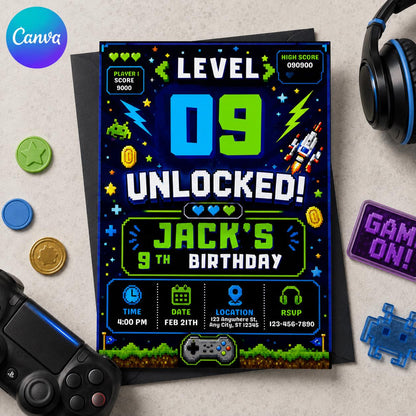 Gamer 9th Birthday Invitation for Boys — editable Canva template