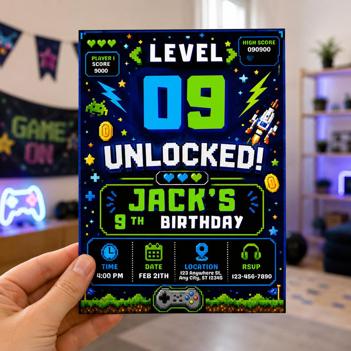 Gamer 9th Birthday Invitation for Boys — gaming design