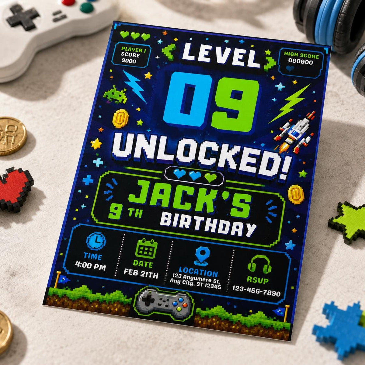 Gamer 9th Birthday Invitation for Boys — print-ready 9th birthday party design from VoltBy
