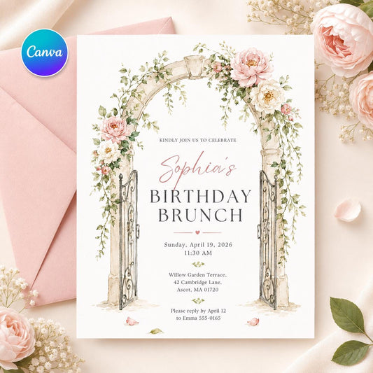 Garden Arch Birthday Brunch Invitation — editable Canva template