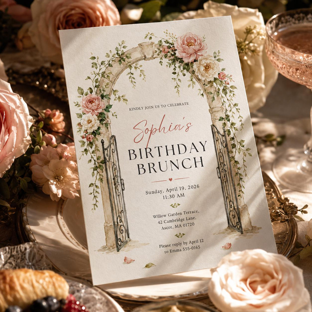 Garden Arch Birthday Brunch Invitation in green and pink