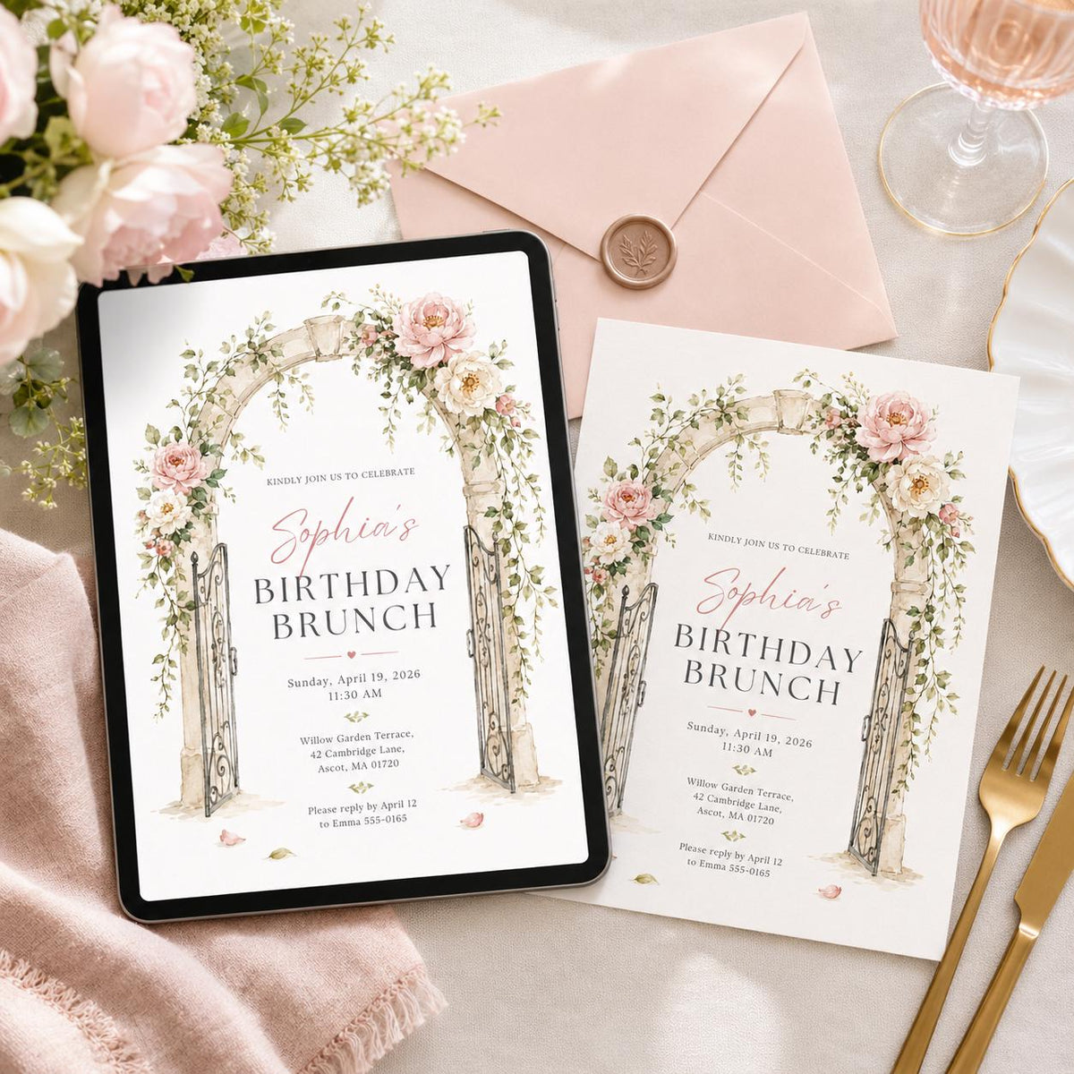 Garden Arch Birthday Brunch Invitation — invitation you personalize in Canva