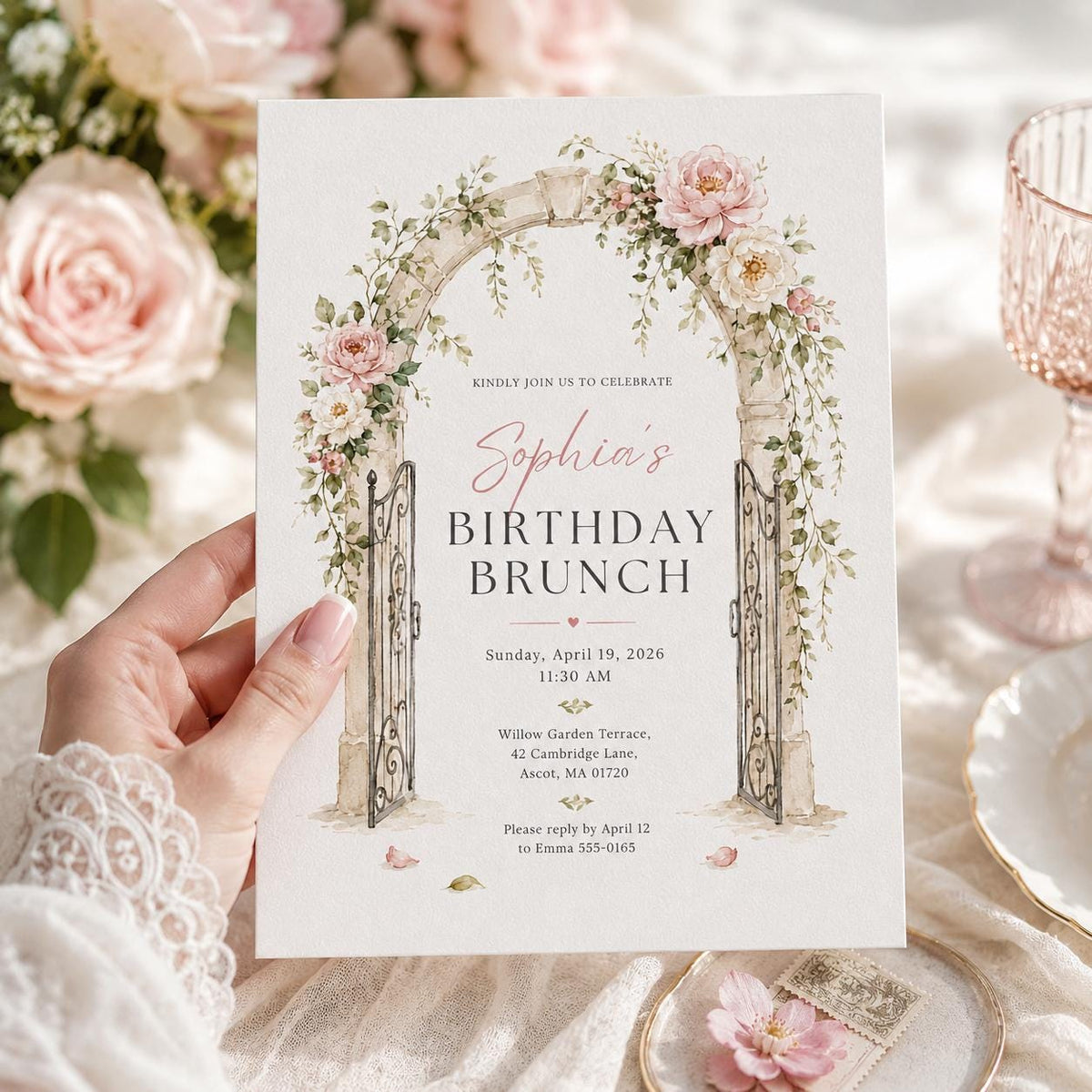 Garden Arch Birthday Brunch Invitation — climbing artwork in green and pink