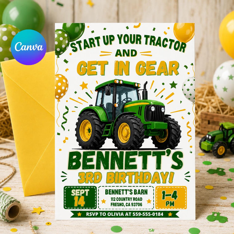 Get in Gear Tractor 3rd Birthday Invitation