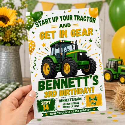 Get in Gear Tractor 3rd Birthday Invitation — print-ready 3rd birthday party design from VoltBy