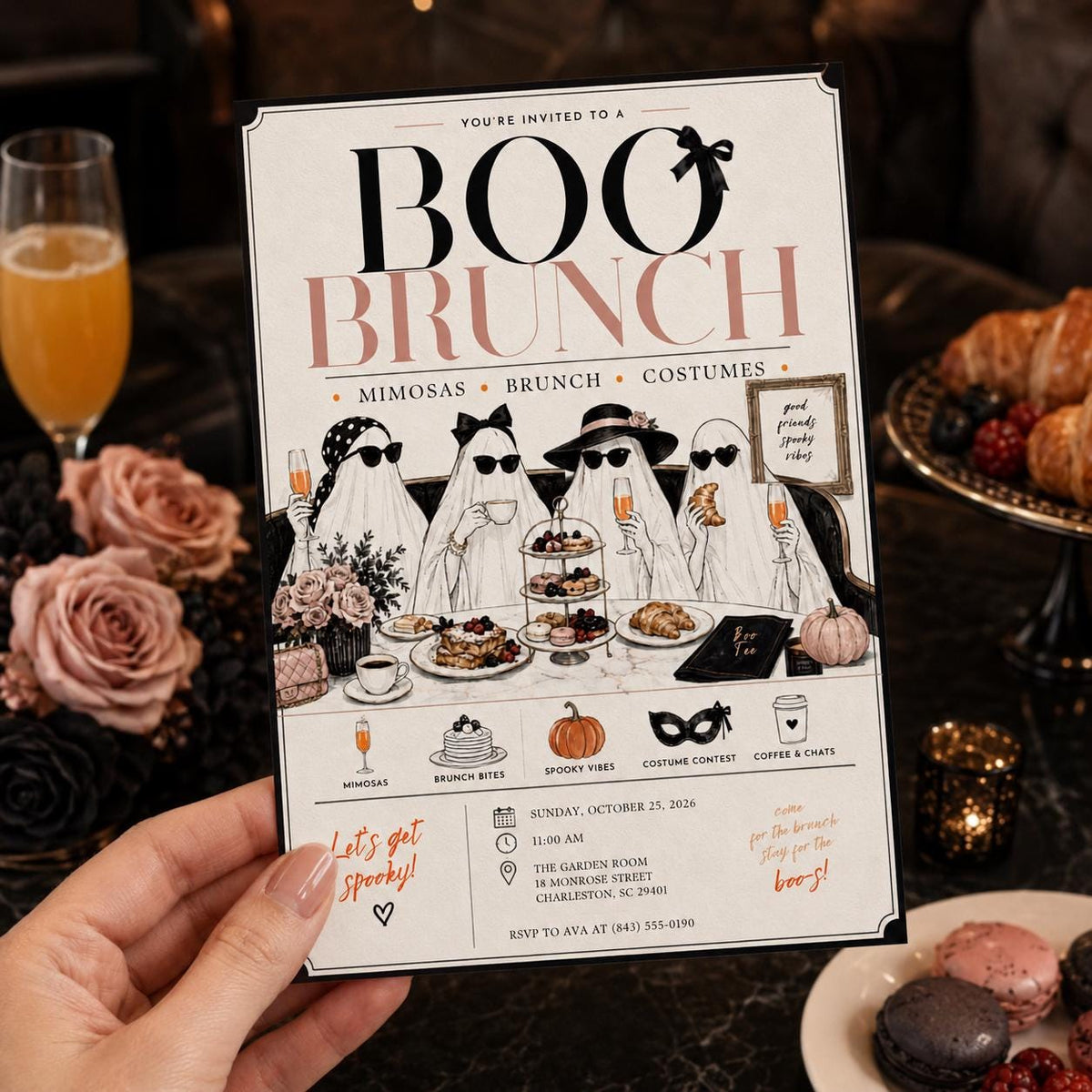 Ghost Boo Brunch Invitation for Girls — print-ready Halloween party design from VoltBy