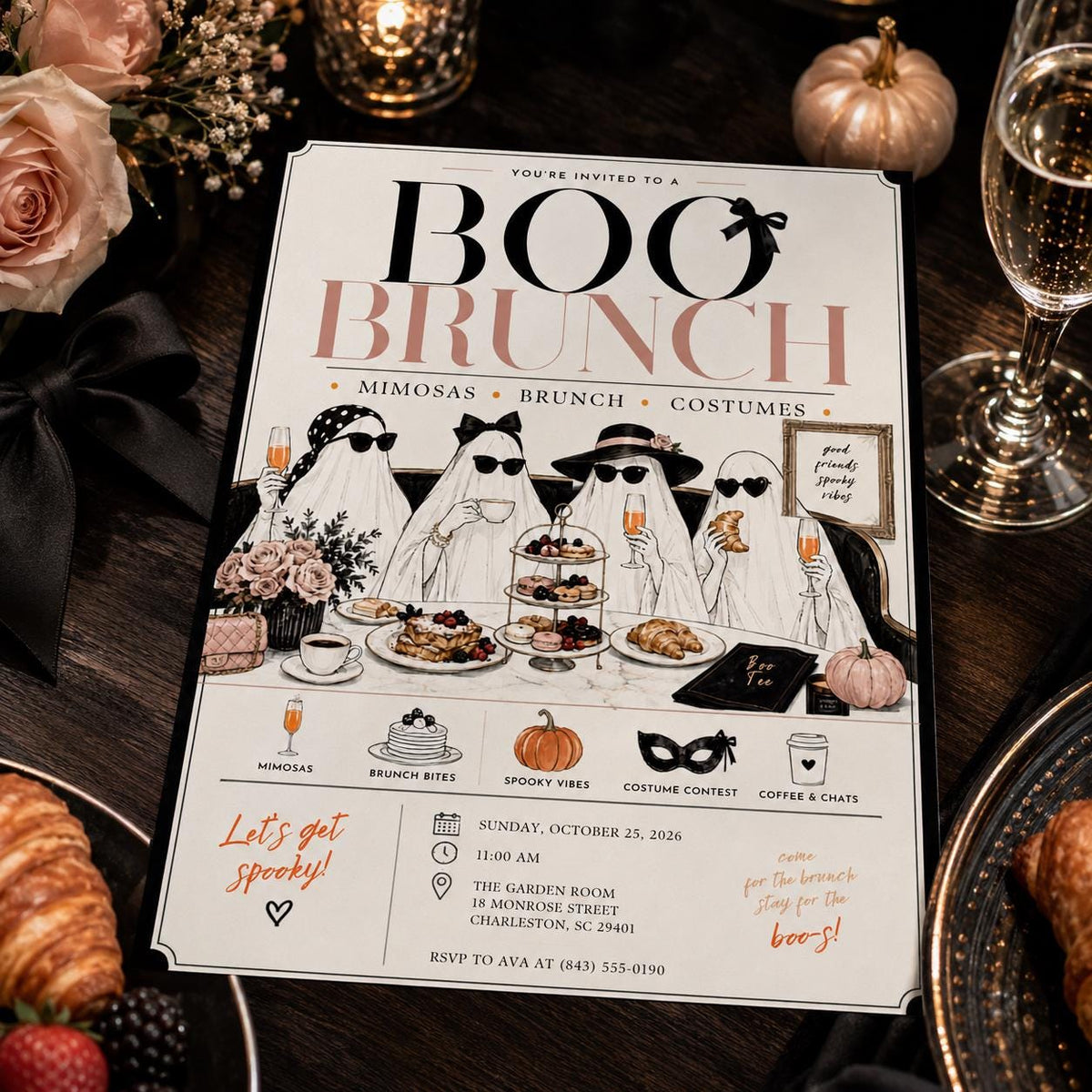 Ghost Boo Brunch Invitation for Girls — Halloween party stationery by VoltBy