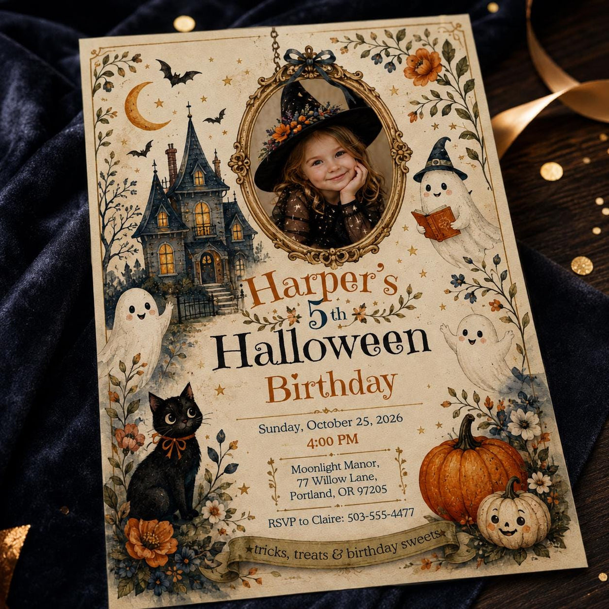 Ghost Halloween 5th Birthday Invitation for Girls — witch design