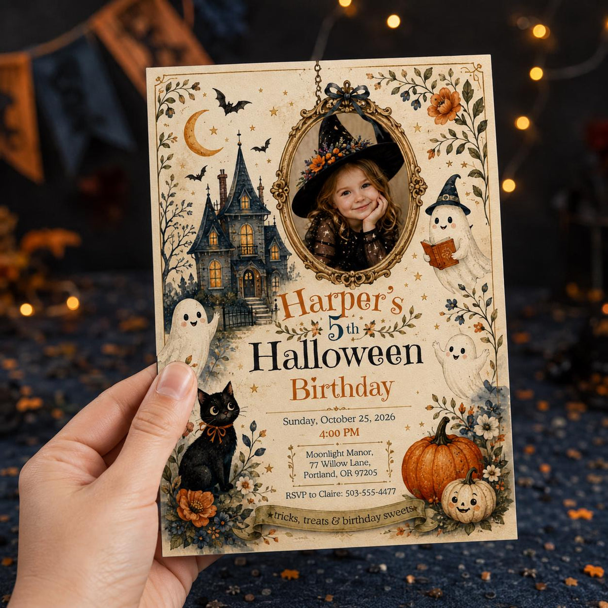 Ghost Halloween 5th Birthday Invitation for Girls — print-ready 5th birthday party design from VoltBy