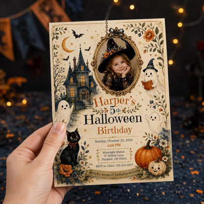 Ghost Halloween 5th Birthday Invitation for Girls — print-ready 5th birthday party design from VoltBy