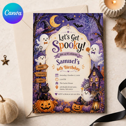 Ghost Halloween 6th Birthday Invitation — editable Canva template