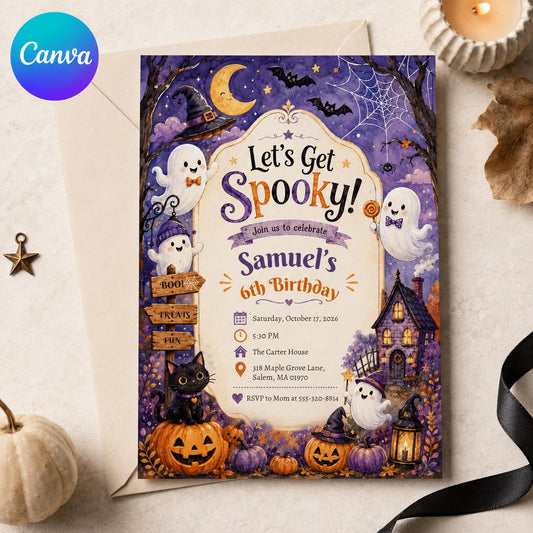 Ghost Halloween 6th Birthday Invitation — editable Canva template