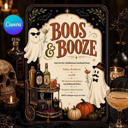 Ghost Halloween Cocktail Party Invitation — editable Canva template