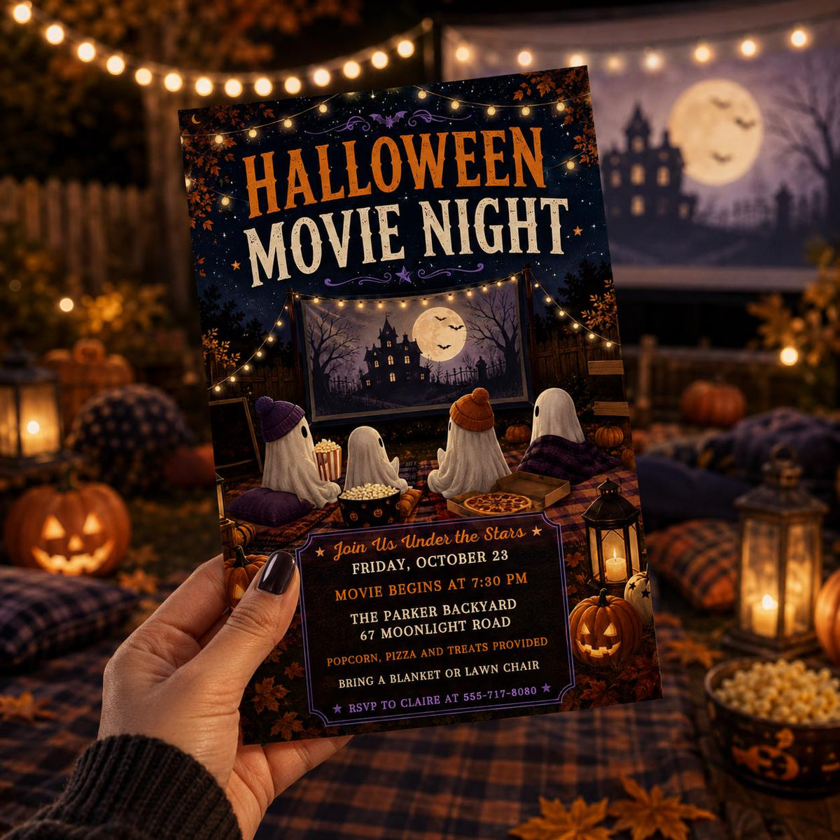 Ghost Halloween Movie Night Invitation — invitation you personalize in Canva