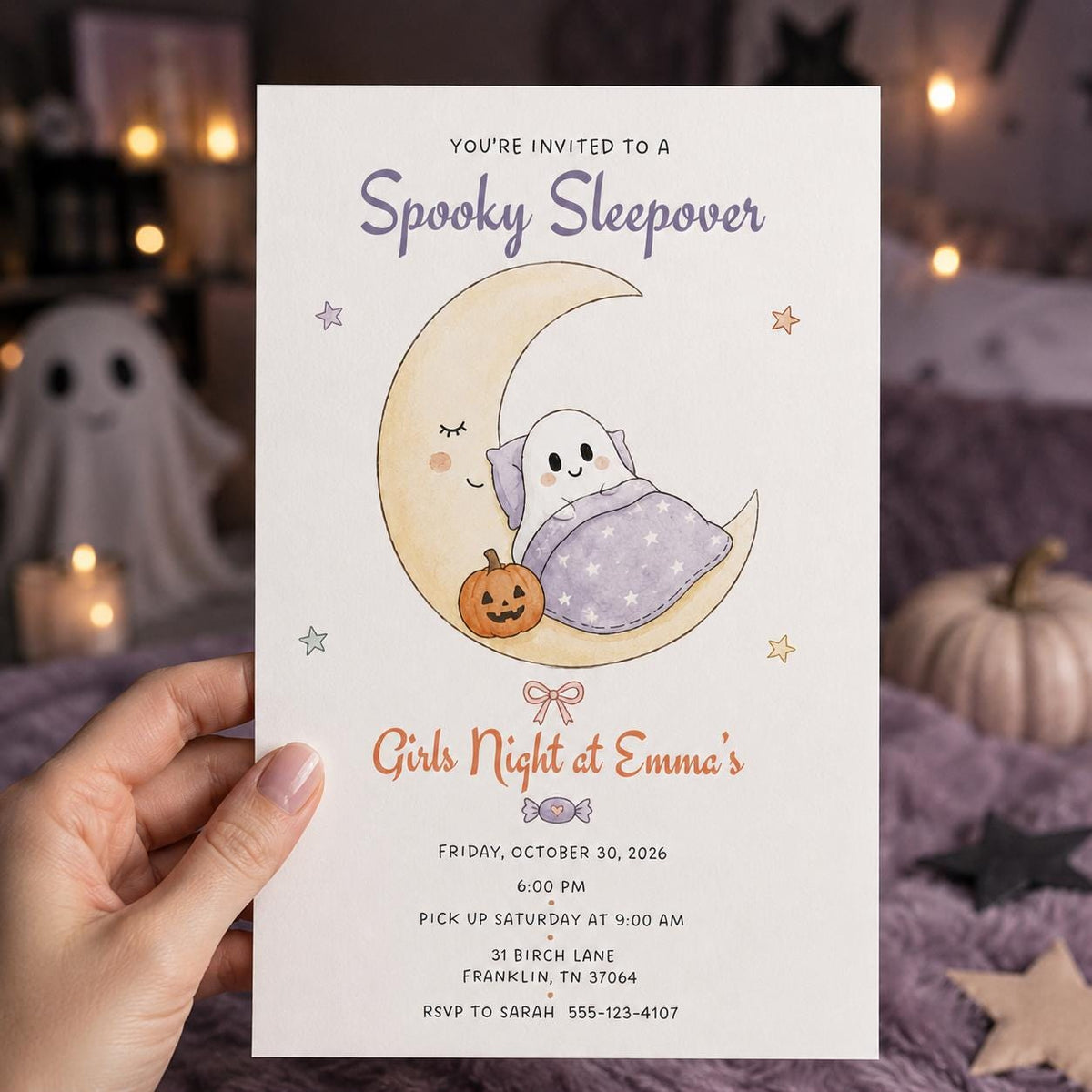 Ghost Halloween Sleepover Invitation for Girls — print-ready Halloween party design from VoltBy