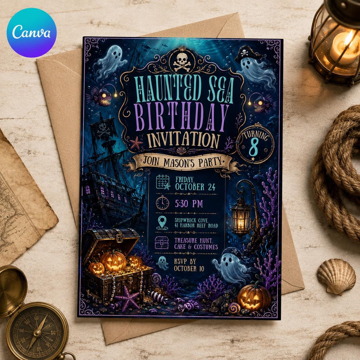 Ghost Haunted Pirate Birthday Invitation — editable Canva template