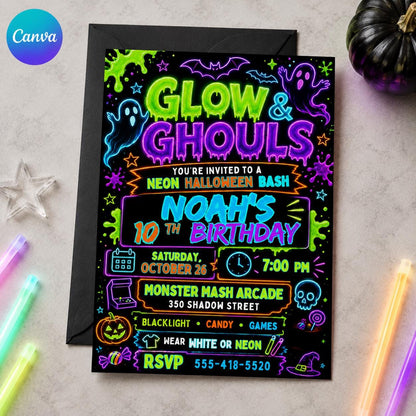 Ghost Neon Halloween 10th Birthday Invitation — editable Canva template